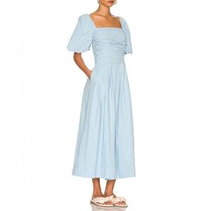 Free People Blue Ruched Square Neck Midi Dress